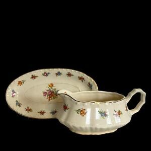 Crooksville China Company Gravy Boat and Plate Vintage Floral Pattern Gold Trim